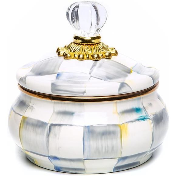 Sterling Check Squashed Pot, Cute Tea Storage, Flour or Sugar Container